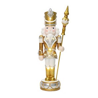 LuxenHome 4Ft Lighted Silver and Gold Nutcracker Soldier with Scepter, Christmas Decoration