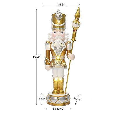 LuxenHome 4Ft Lighted Silver and Gold Nutcracker Soldier with Scepter, Christmas Decoration