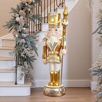 LuxenHome 4Ft Lighted Silver and Gold Nutcracker Soldier with Scepter, Christmas Decoration