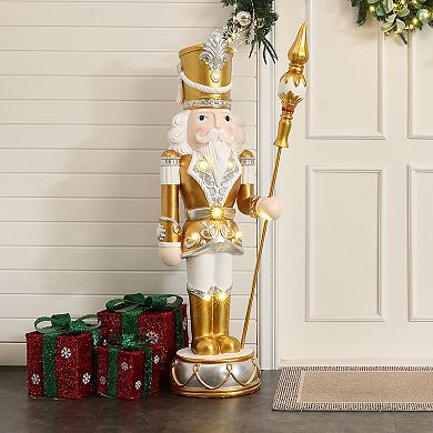 LuxenHome 4Ft Lighted Silver and Gold Nutcracker Soldier with Scepter, Christmas Decoration