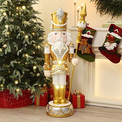 LuxenHome 4Ft Lighted Silver and Gold Nutcracker Soldier with Scepter, Christmas Decoration