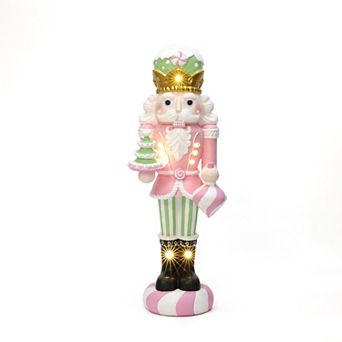 LuxenHome 3Ft Lighted Nutcracker Pink Soldier with Candy Tree, Battery Operated Holiday Decoration