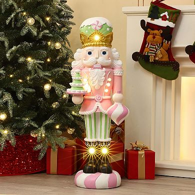 LuxenHome 3Ft Lighted Nutcracker Pink Soldier with Candy Tree, Battery Operated Holiday Decoration