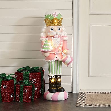 LuxenHome 3Ft Lighted Nutcracker Pink Soldier with Candy Tree, Battery Operated Holiday Decoration