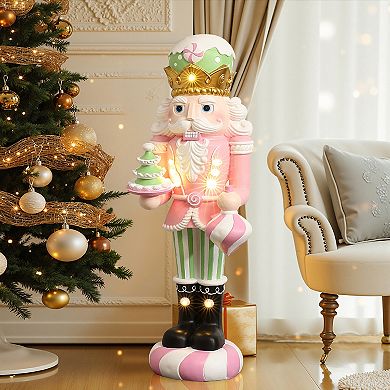 LuxenHome 3Ft Lighted Nutcracker Pink Soldier with Candy Tree, Battery Operated Holiday Decoration
