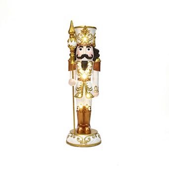 LuxenHome 4Ft Lighted White and Gold Nutcracker Soldier with Scepter, Battery-Op Christmas Decor