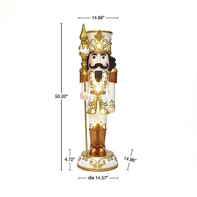 LuxenHome 4Ft Lighted White and Gold Nutcracker Soldier with Scepter, Battery-Op Christmas Decor