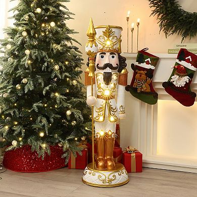 LuxenHome 4Ft Lighted White and Gold Nutcracker Soldier with Scepter, Battery-Op Christmas Decor