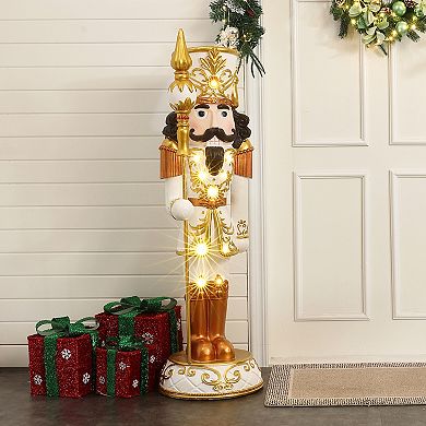 LuxenHome 4Ft Lighted White and Gold Nutcracker Soldier with Scepter, Battery-Op Christmas Decor