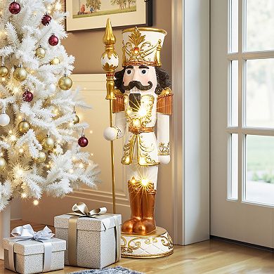 LuxenHome 4Ft Lighted White and Gold Nutcracker Soldier with Scepter, Battery-Op Christmas Decor
