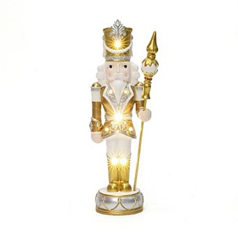 LuxenHome 3Ft Lighted Silver and Gold Nutcracker Soldier with Scepter, Christmas Decoration
