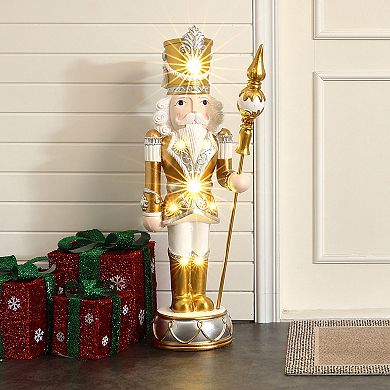 LuxenHome 3Ft Lighted Silver and Gold Nutcracker Soldier with Scepter, Christmas Decoration
