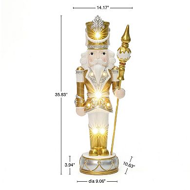 LuxenHome 3Ft Lighted Silver and Gold Nutcracker Soldier with Scepter, Christmas Decoration