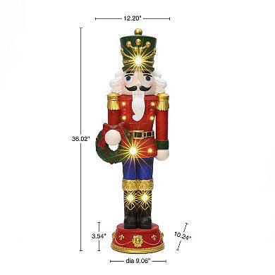 LuxenHome 3Ft Lighted Nutcracker Red Soldier with Wreath, Battery Operated Christmas Decoration