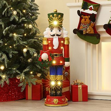 LuxenHome 3Ft Lighted Nutcracker Red Soldier with Wreath, Battery Operated Christmas Decoration