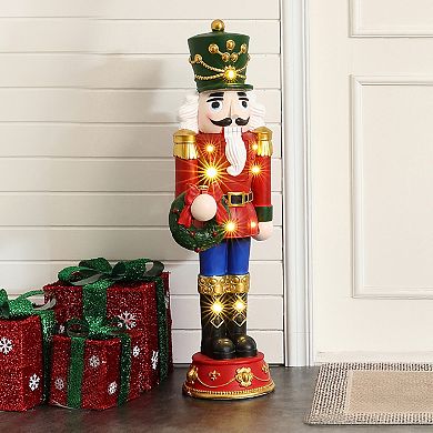 LuxenHome 3Ft Lighted Nutcracker Red Soldier with Wreath, Battery Operated Christmas Decoration