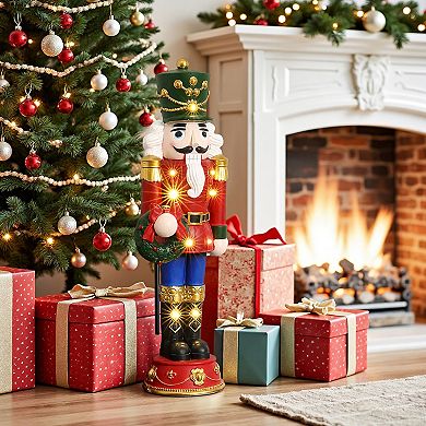 LuxenHome 3Ft Lighted Nutcracker Red Soldier with Wreath, Battery Operated Christmas Decoration