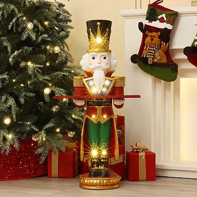 LuxenHome 3Ft Tall Nutcracker Red Soldier with Tray, Battery-Operated Holiday Decoration with Lights