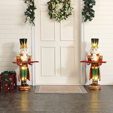 LuxenHome 3Ft Tall Nutcracker Red Soldier with Tray, Battery-Operated Holiday Decoration with Lights