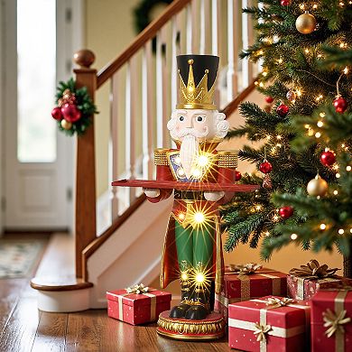 LuxenHome 3Ft Tall Nutcracker Red Soldier with Tray, Battery-Operated Holiday Decoration with Lights