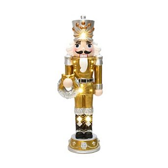 LuxenHome 4Ft Lighted Nutcracker Gold Soldier with Silver Wreath, Battery Operated Xmas Decoration