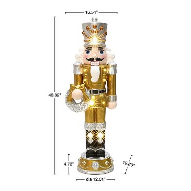 LuxenHome 4Ft Lighted Nutcracker Gold Soldier with Silver Wreath, Battery Operated Xmas Decoration