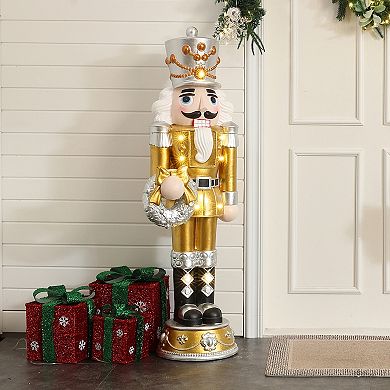 LuxenHome 4Ft Lighted Nutcracker Gold Soldier with Silver Wreath, Battery Operated Xmas Decoration