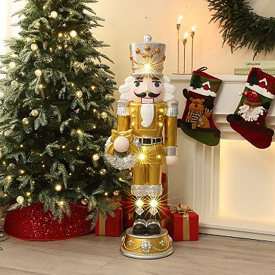 LuxenHome 4Ft Lighted Nutcracker Gold Soldier with Silver Wreath, Battery Operated Xmas Decoration