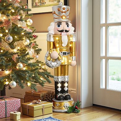 LuxenHome 4Ft Lighted Nutcracker Gold Soldier with Silver Wreath, Battery Operated Xmas Decoration