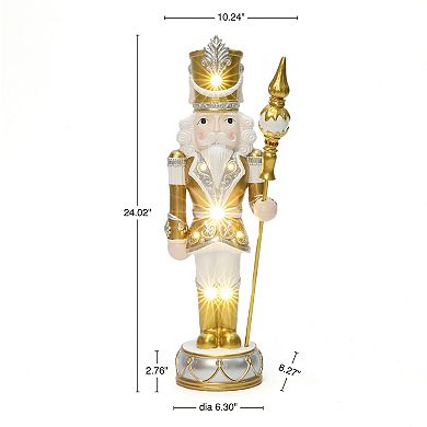 LuxenHome 2Ft Lighted Silver and Gold Nutcracker Soldier with Scepter, Christmas Decoration
