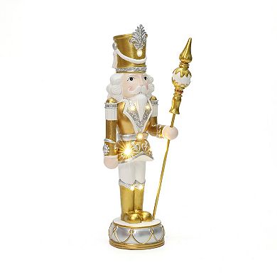 LuxenHome 2Ft Lighted Silver and Gold Nutcracker Soldier with Scepter, Christmas Decoration