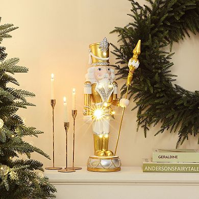 LuxenHome 2Ft Lighted Silver and Gold Nutcracker Soldier with Scepter, Christmas Decoration