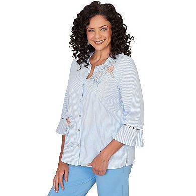Petite Alfred Dunner Striped Floral Embroidered Button-Down Top
