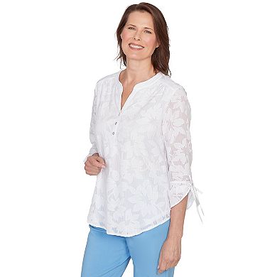 Petite Alfred Dunner Floral Jacquard Tie Sleeve Henley Top