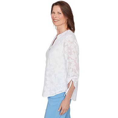 Petite Alfred Dunner Floral Jacquard Tie Sleeve Henley Top
