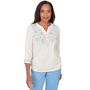 Petite Alfred Dunner Medallion Embroidered Ruched Henley Top