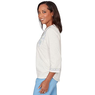 Petite Alfred Dunner Medallion Embroidered Ruched Henley Top