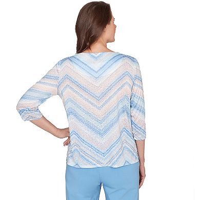 Petite Alfred Dunner Chevron Print Lace Trim Crew Neck Top