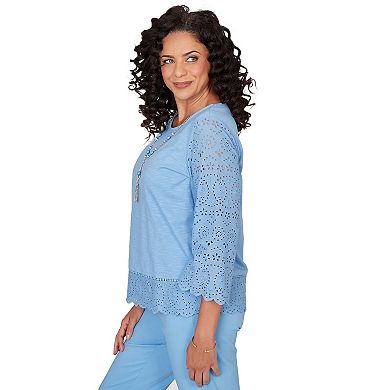 Petite Alfred Dunner Solid Eyelet Trim Top with Necklace