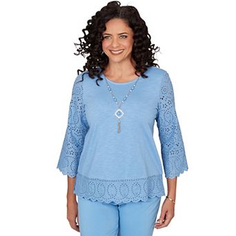 Petite Alfred Dunner Solid Eyelet Trim Top with Necklace