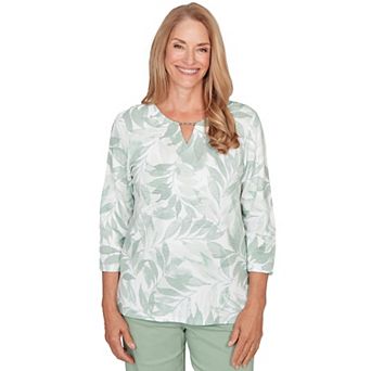Petite Alfred Dunner Monotone Leaf Print Split Neck Top