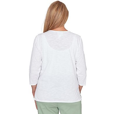 Petite Alfred Dunner Blooming Floral Embroidered Split Neck Top