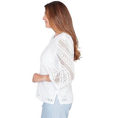 Petite Alfred Dunner Chevron Crochet Crew Neck Sweater