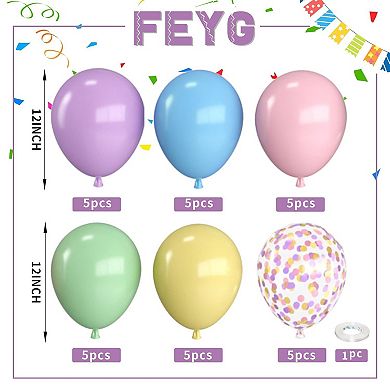 30 Pcs 12 Inch Macaron Pink Blue Purple Green Yellow Balloons with Ribbon