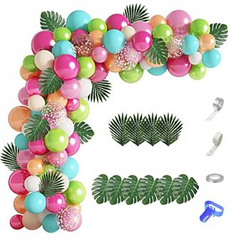 124 pc Tropical Balloon Arch Kit Green Pink Rose Gold Palm Leaves Luau Party