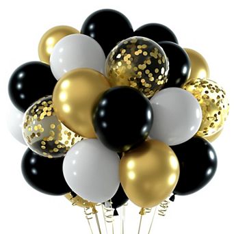 60 pc Black Gold Confetti Balloons 12Inch Metallic Balloons with Ribbons Party