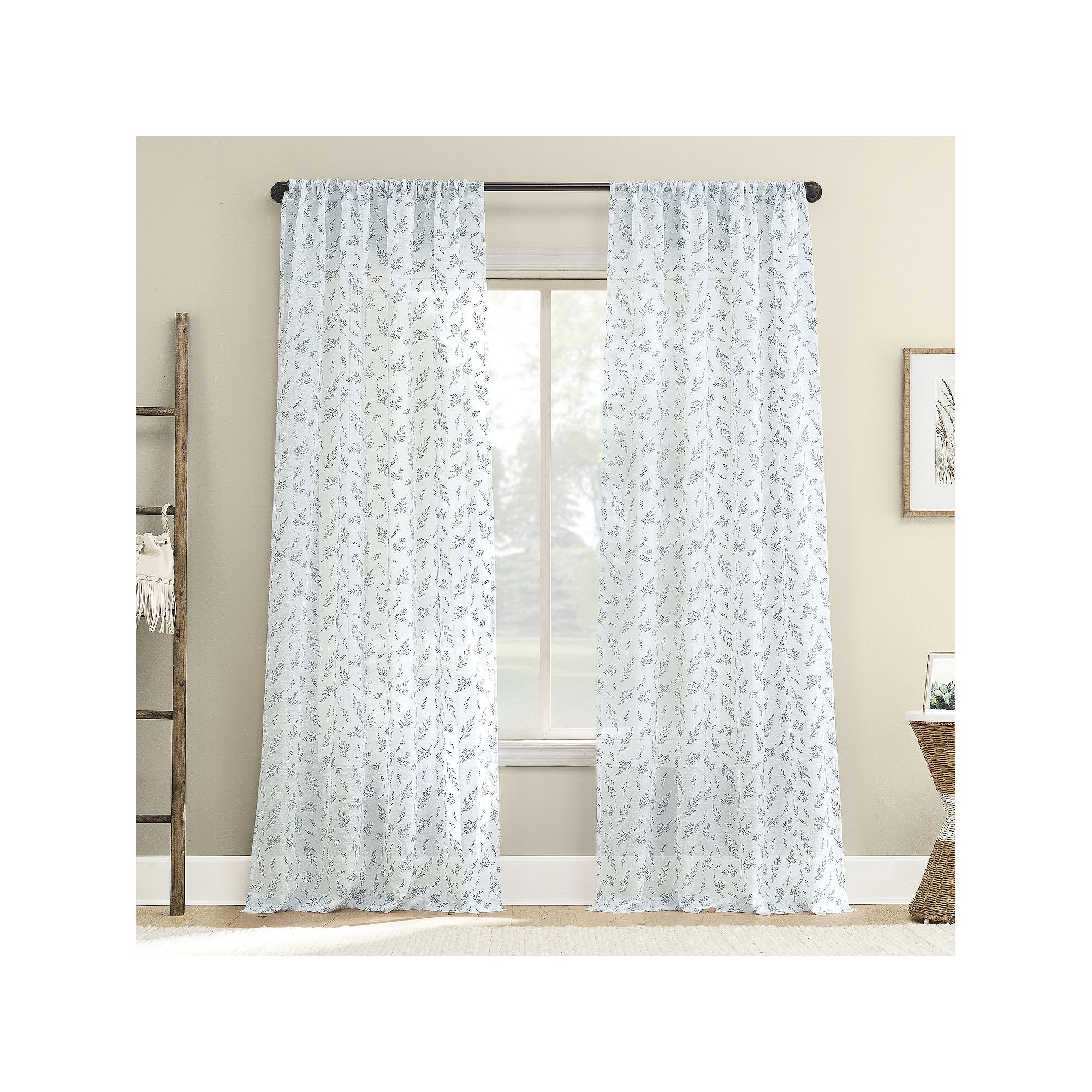 No. 918 Briarwood Delicate Leaf Textured Sheer 2 Window Curtain Panels, Cha