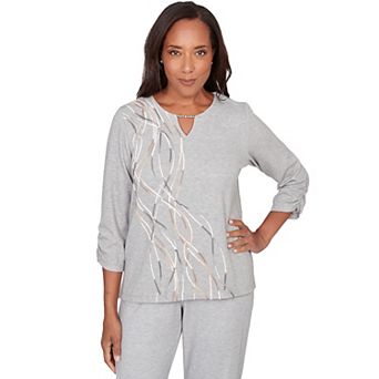 Women's Alfred Dunner Metallic Swirl Embroidered Splitneck Top