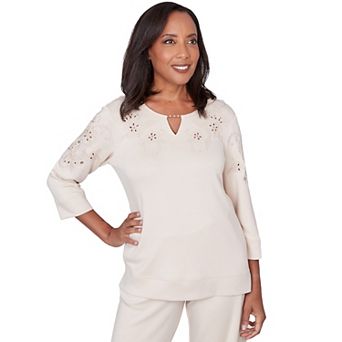 Women's Alfred Dunner Floral Embroidered Beaded Splitneck Top