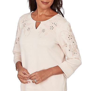 Women's Alfred Dunner Floral Embroidered Beaded Splitneck Top
